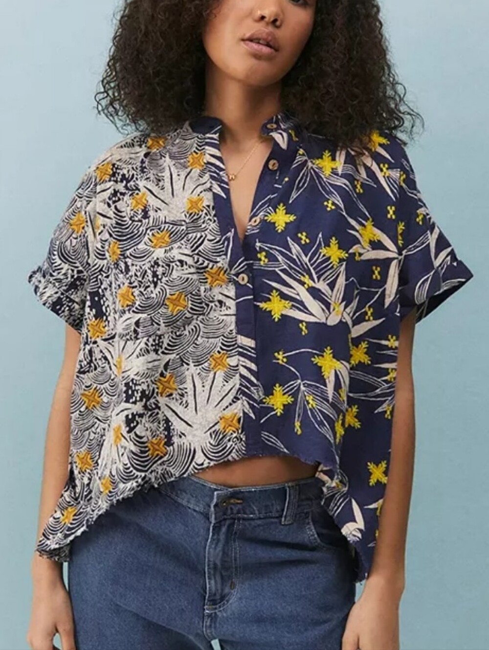 Urban Outfitters Patchwork Embroidered Raw Hem Button Up Top Boho